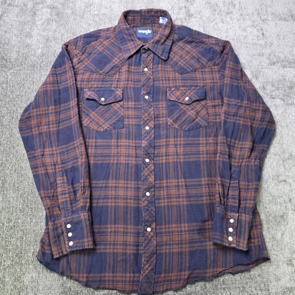 Wrangler Plaid Flannel Pearl Snap Shirt Mens Large Blue Orange Western Rustic L